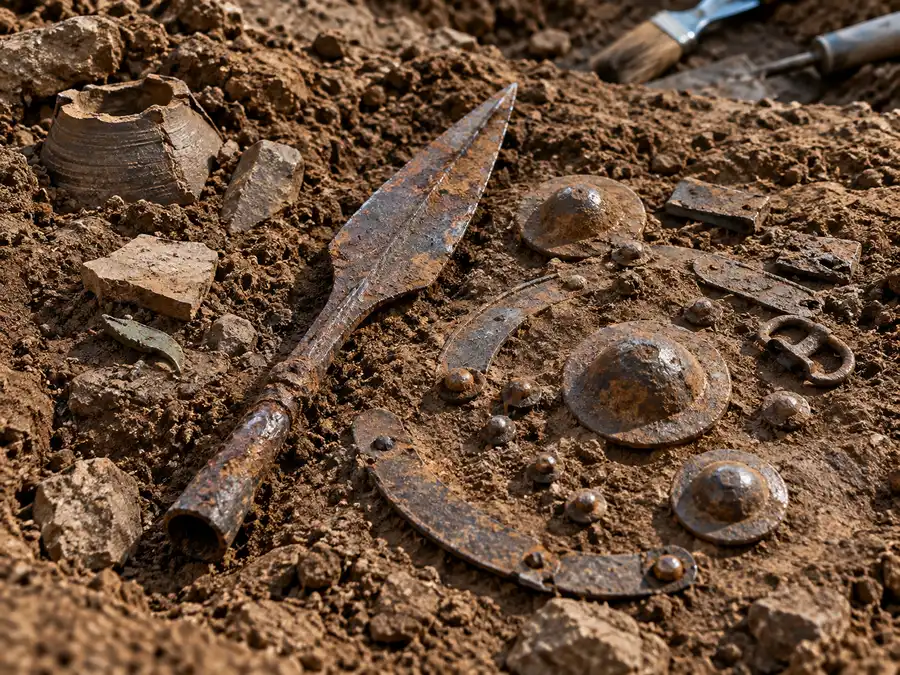 Keltische Lanzenspitze und eiserne Schildbeschläge bei einer archäologischen Ausgrabung