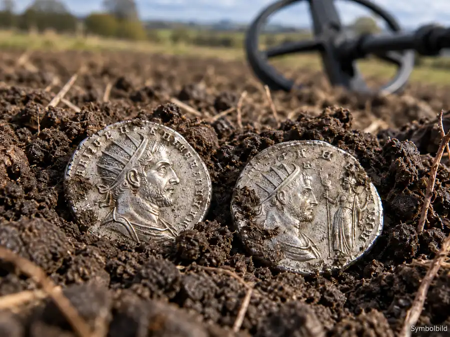 Symbolbild zweier römischer Silberdenare des Carausius bei einem Metalldetektorfund