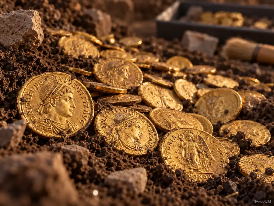 Symbolbild eines römischen Goldmünzschatzes mit spätantiken Solidi im Erdreich