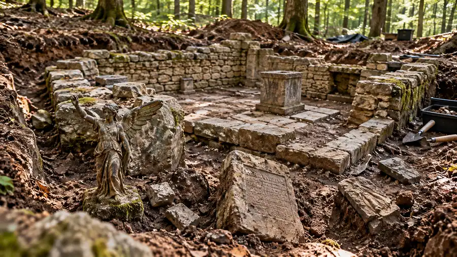 Freigelegter römischer Tempel mit Victoria-Statuette bei einer archäologischen Ausgrabung im Taunus