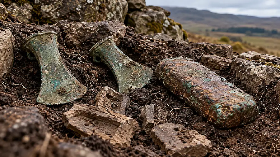 Bronzezeitlicher Hortfund mit Tüllenbeilen, Kupferbarren und Gussformen in Schottland